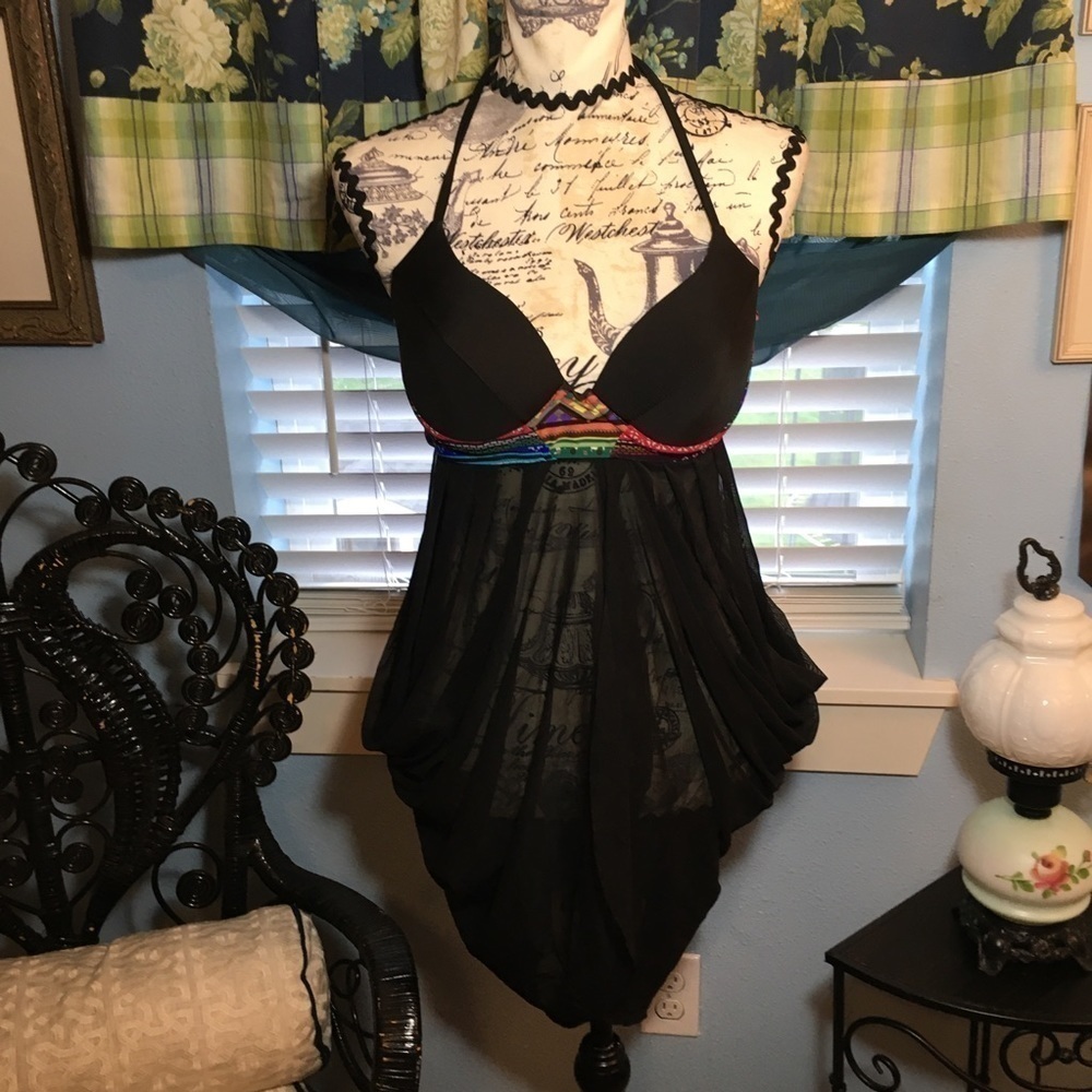 Yihaigiji padded bra style tie top with sheer draped waist swim top